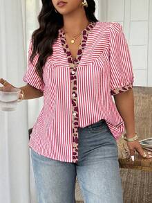 Weeklong Plus Size Women's Spring/Summer Notch Neck Striped Patchwork Leopard Print Casual Vacation Shirt - Multicolor - View 5