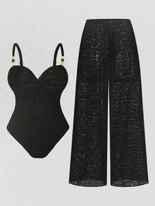 Swim Oasis Plus Size Women's Vacation Twist Design Camisole One-Piece Swimsuit With Cover-Up Pants - Black - View 1