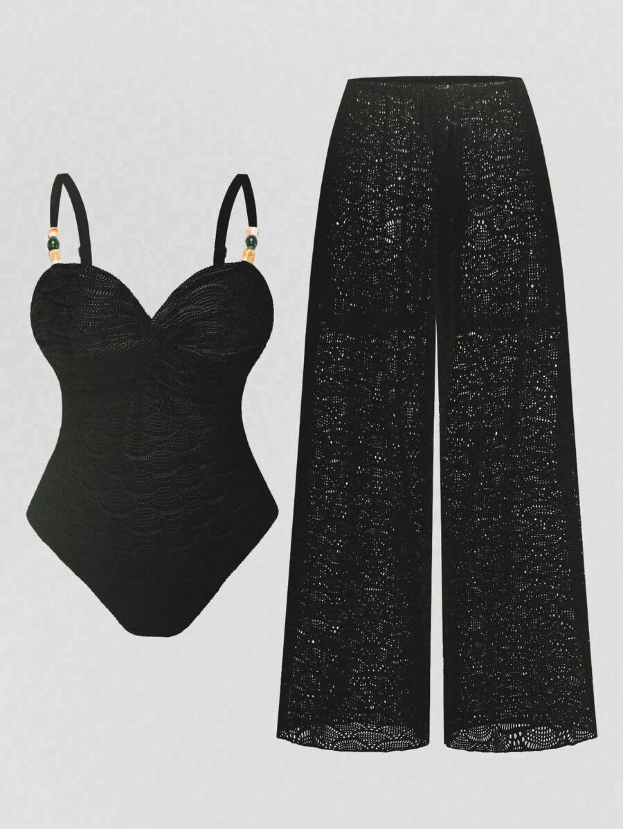 Swim Oasis Plus Size Women's Vacation Twist Design Camisole One-Piece Swimsuit With Cover-Up Pants - Black - View 1