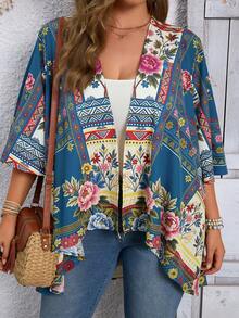 EMERY ROSE Plus-Size Vacation Casual Retro-Style Printed Cardigan, Summer And Early Autumn Sun Protection Lightweight Jacket, Retro And Fashionable Fall - Multicolor - View 2
