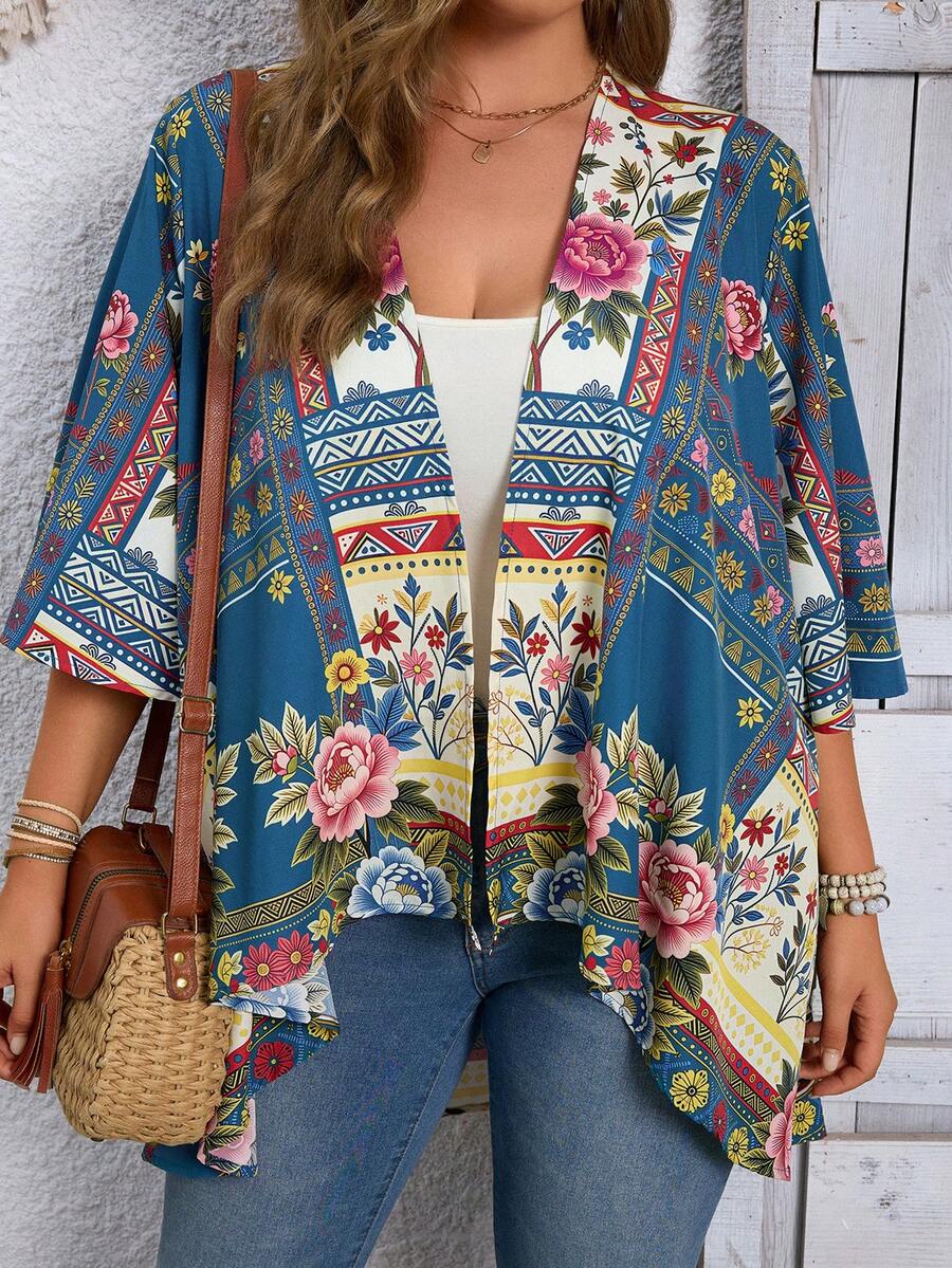 EMERY ROSE Plus-Size Vacation Casual Retro-Style Printed Cardigan, Summer And Early Autumn Sun Protection Lightweight Jacket, Retro And Fashionable Fall