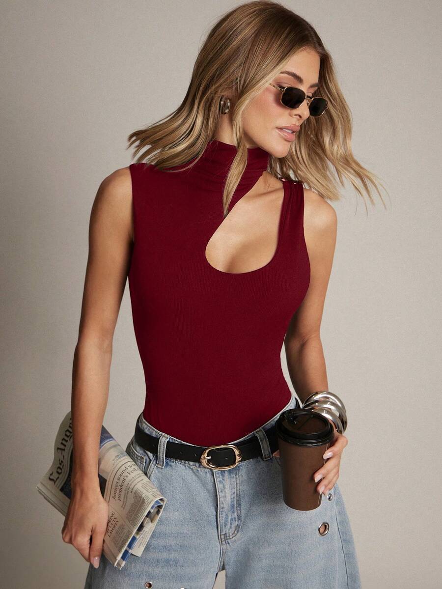 Hauture Women's Solid Color Stand Collar Slim Fit Versatile Daily Travel Bodysuit - Burgundy - View 1