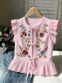 Selianne Urban Fashion Elegant Vacation New Style Women's Summer Base Colorful Floral Embroidery Round Neck Ruffle Sleeve Cinched Waist Short French Vintage Sweet Top Suitable For Daily Wear, Wedding, Dinner, Daily Commute, Graduation Party, Holiday Events, Vacation, Date, Easter, Party, Halloween, Christmas, New Year, Thanksgiving, Wedding - Pink - View 3