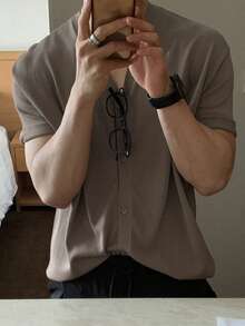 DAZY Summer Short Sleeve Solid Wall Grey Commuter Short Sleeve Men's Knit Top - Grey - View 4