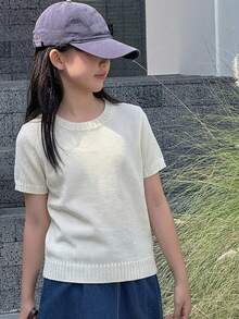 Dazy Kids 少女簡單百搭圓領短袖針織上衣 - 米色 - 查看 8