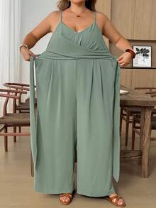 SHEIN CURVE+ Plus Size Casual Vacation Cross Strap Ruched Strapless Loose Jumpsuit - Green - View 4