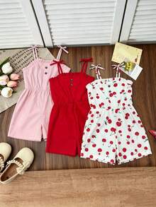 Souflis Souflis Setelan Jumpsuit 3 Potong untuk Balita Perempuan, Kasual, Liburan, Motif Lucu, Warna Polos, Cocok untuk Keluarga dengan Banyak Anak, Liburan Pantai, Sekolah - MultiWarna - View 3