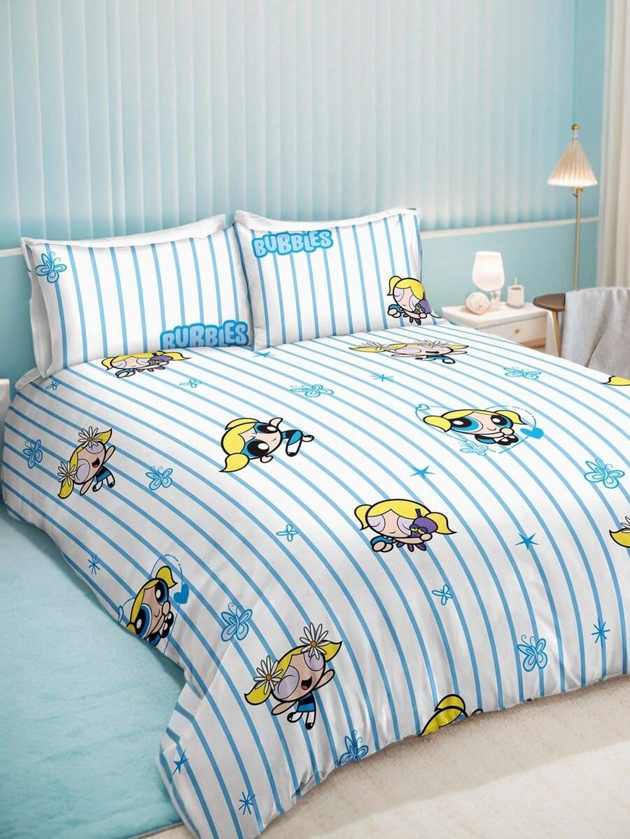 THE POWERPUFF GIRLS X SHEIN 三件套可爱卡通印花被套,光滑面料,柔软保暖,红色被套,多种尺寸可选,适用于单人床/双人床/大号床/特大号床 - 藍色 - 查看 1