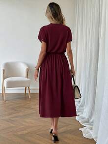 SHEIN LUNE Lässiges Damenkleid mit Stehkragen und niedriger Taille - Bordeaux - Übersicht 2