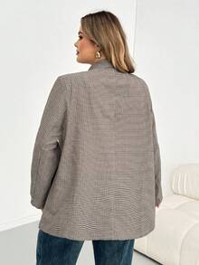 SHEIN CURVE+ 大尺碼女款長袖薄款格紋西裝外套，適合休閒得體商務場合與辦公室正式穿著，夏季白色教師節款 - 棕色 - 查看 4