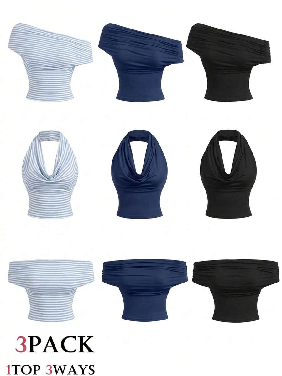 SHEIN MOD 3件組女款無袖上衣：掛脖、露肩、藍白條紋、黑色、寶藍色，休閒夏季款 - 彩色 - 查看 1