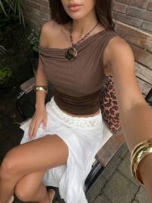 Firerie Women's Summer Elegant Sexy Romantic Fashion Commuter Asymmetric Neck Slim Fit Shades Of Brown T-Shirt Top, Solid Color Ruched Mesh Top, Going Out - Coffee Brown - View 7