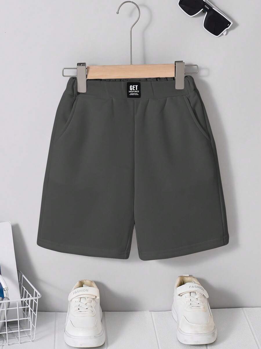 SHEIN Tween Boy Casual Comfortable Patchwork Solid Color Knee Length Slant Pocket Shorts - Dark Grey - View 1