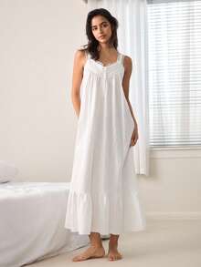 Ocili Women's 100% Cotton Contrast Lace Loose Camisole Dress, Summer Sleepwear - White - View 5
