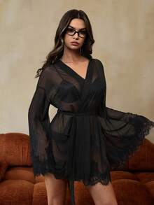 SHEIN Women's Lace Patchwork Tie-Up Sheer Sexy Robe - Black - View 5