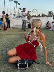 SHEIN MOD 女款夏季海灘荷葉邊露背掛脖迷你洋裝 - 紅色 - 查看 2