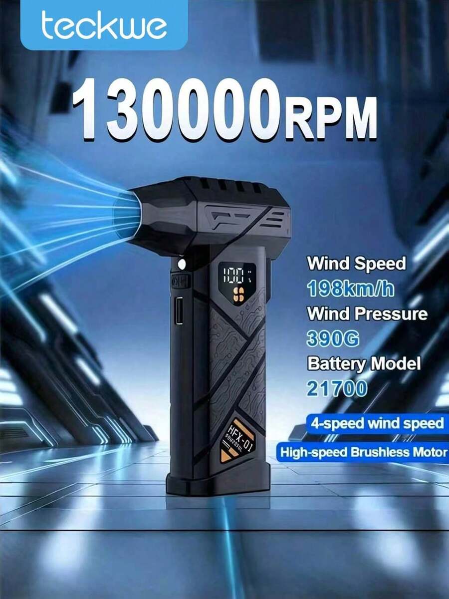 Teckwe 強勁便攜式壓縮空氣吹風機 130,000 RPM，僅重 370 克。配備 4 段可調速渦輪風扇，LED 燈光與 LED 顯示螢幕的電動吹風機。高風量無刷馬達配備兩顆 4000mAh 電池（總計 8000mAh）可充電電池。適用於清潔鍵盤與電子設備、吹雪、吹葉、露營、燒烤、戶外活動、居家使用及汽車應用。送給男性的絕佳禮物。