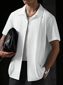 Manfinity CasualCool 男士夏季休閒百搭素色短袖襯衫 - 白色 - 查看 3