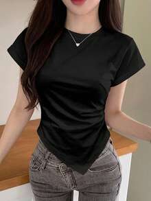 DAZY Women's Fitted Asymmetrical Hem Waist Gathered T-Shirt Summer - Black - View 9
