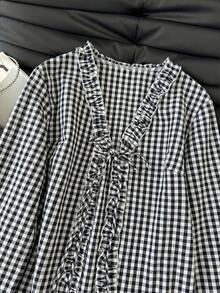 Muvela Camisa casual a cuadros con volantes y lazo delantero - Negro - Ver 3