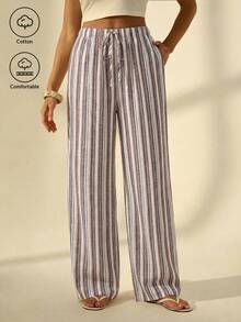 SHEIN Tall 女款休閒條紋直筒長褲，適合度假穿著 - 彩色 - 查看 6