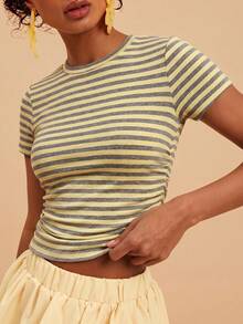Travachic Blusa de mujer de cuello redondo, manga corta raglán, ajustada, con pliegues y rayas, para verano - Multicolor - Ver 5