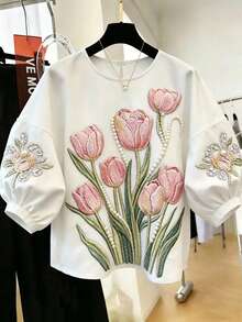 SHEIN Franclia 夏季戶外街頭度假旅行通勤時尚優雅休閒珍珠水鑽花卉印花圓領短袖女款襯衫上衣 - 白色 - 查看 1
