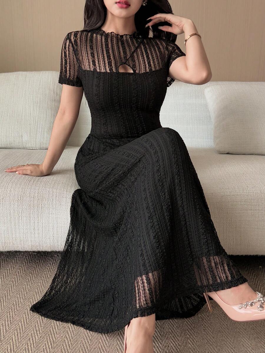 Feyla Women's Elegant Lace Patchwork Cut Out Dress Dinner Date Black Summer - Black - View 1