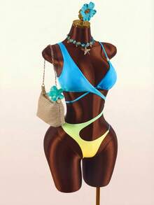 Amplova Traje de baño de una pieza para mujer, sexy y vanguardista, con degradado, recortes y cuentas, adecuado para atuendos de vacaciones, con detalles de recortes asimétricos - Verde - Ver 5