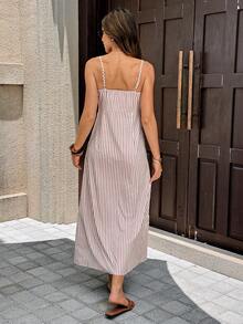 Serisse Women's Brown And White Ruffle Hem Slit Design Casual Coastal Elegant Tropical Party Beach Vacation Midi Strap Dress Summer - Multicolor - View 2
