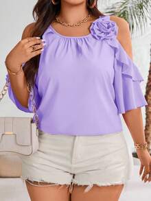 Vionelle Plus Cold Shoulder Ruffle Trim Blouse For Summer For New Year Clothes - Mauve Purple - View 3