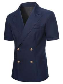 Manfinity Mode Men's Lapel Short Sleeve Double-Breasted Placket Solid Color Blazer, Ceremony - Navy Blue - View 4