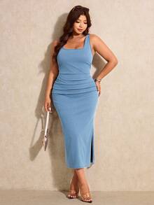 Elaquor Plus Size Women's Square Neck Sleeveless Side Slit Denim Dress - Light Wash - View 3