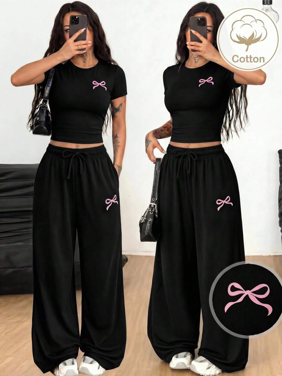 SHEIN Set 2pcs/Set untuk Remaja Perempuan: Kaos dan Legging Kasual Rajut Warna Polos Kerah Bulat dengan Hiasan Pita - Hitam - View 1