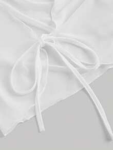 SHEIN MOD Áo thun tay chuông cổ chữ V buộc phía trước đa năng - trắng - Xem 5