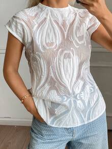 Livesso Camiseta de mujer de verano con encaje floral blanco, holgada, casual, elegante y de malla transparente para boda, fiesta y vacaciones - Blanco - Ver 2