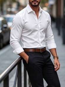 Calvornis Camisa casual de manga larga de lino texturizado de unicolor para hombre, formal - Blanco - Ver 5