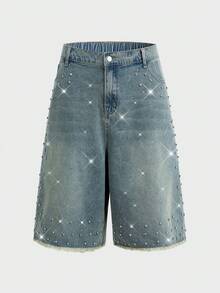 EASEVO Plus Size Men's Rhinestone Decor Casual Shorts, Vacation, Father's Day Gifts - Medium Wash - View 3