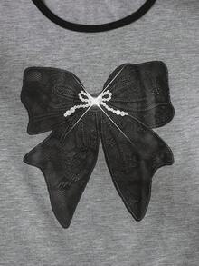 SHEIN 2件/套 女童寬鬆休閒拼色領結印花短袖T恤與素色織帶蝴蝶結長褲套裝，修身版型，適合夏季旅行、度假、上學及其他外出場合 - 黑色 - 查看 5