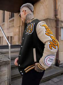 Artur Kramer Men's Long Sleeve Casual Street Fashion Collegiate Style Letter Applique Contrast Striped Trim Rave Baseball Jacket, Autumn/Winter - Multicolor - View 4