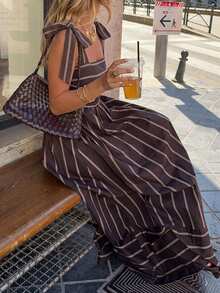 Siren Gaze Women's Vacation Casual Boho Brown Striped Dress Vacation Summer - Brown - View 3