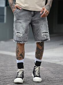 Devon Thys Men's Plain Frayed Edge Pocket Ripped Fashionable Denim Shorts Ripped Denim Shorts Men - Light Grey - View 4