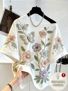 SHEIN Franclia 新款欧美时尚不对称肩部印花休闲宽松女式T恤，春夏短袖上衣，春季穿搭，夏季服装，度假，外出，Y2K风格，春季，夏季，返校季，休闲，海滩，商务，百搭，性感，女式白色T恤，女式印花衬衫 - 白色 - 查看 1