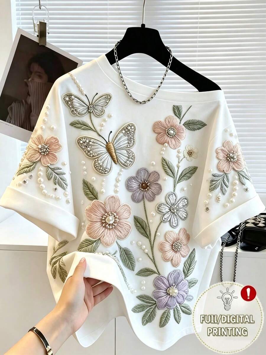 SHEIN Franclia 新款欧美时尚不对称肩部印花休闲宽松女式T恤,春夏短袖上衣,春季穿搭,夏季服装,度假,外出,Y2K风格,春季,夏季,返校季,休闲,海滩,商务,百搭,性感,女式白色T恤,女式印花衬衫 - 白色 - 查看 1