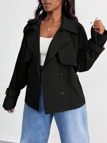 SHEIN PETITE CURVE Casaco trench elegante para mulher plus size, com botões, cinto e fivela metálica - Preto - Ver 3