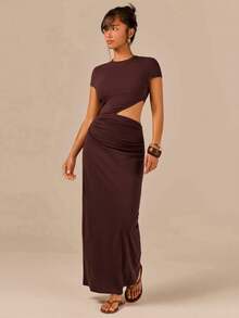 Athîral Women's Casual Dark Brown Short Sleeve Waist Cutout Maxi Bodycon Dress,  Summer Outfit, Commute Outfit, Casual Dress Vacation - Brown - View 4