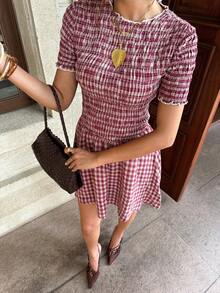 Siren Gaze Cottagecore Cute 70s Plaid Short-Sleeve Dress High-Waisted Pleated Bodice Ruffled Cuffs Puffed A-Line Mini Summer Vacation White Brunch - Red - View 5
