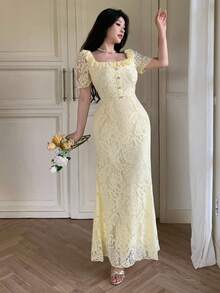 Modelyn Pale Yellow Square Neck Rhinestone Embellished Elegant Lace Waist-Cinching Women's Dress - Butter Yellow - View 7