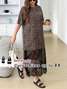 SHEIN CURVE+ Đầm nữ size lớn họa tiết da báo phối ren phong cách thường ngày đi tiệc - Nhiều màu - Xem 2