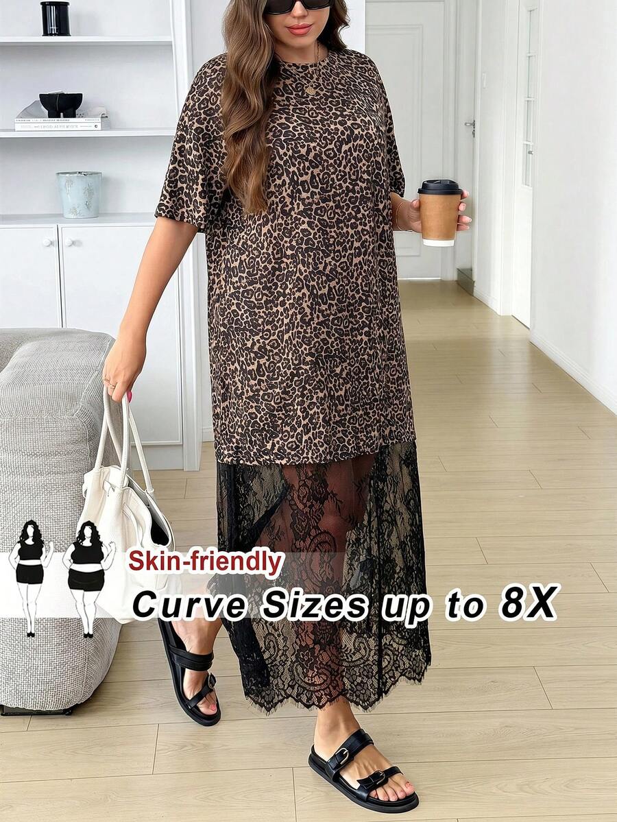 SHEIN CURVE+ Đầm nữ size lớn họa tiết da báo phối ren phong cách thường ngày đi tiệc